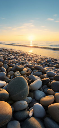 Generative AI : Sandy beach with rocks at sunsetの素材