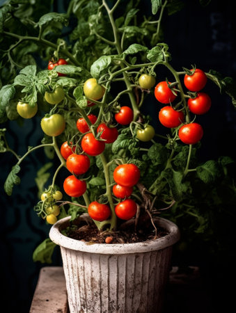 Generative AI : Tomato plant Solanum lycopersicum with red and green fruits growing in domestic kitchen gardenの素材