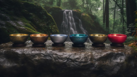 Generative AI : Two sized tibetan bowls in a garden with flowersの素材