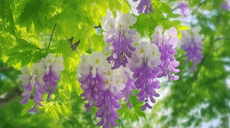 Generative AI : Wisteria tree purple flowers blooming in springの素材