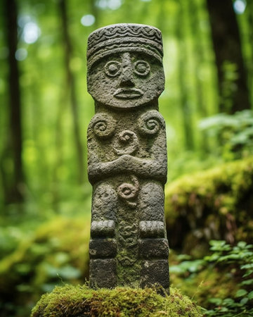 Generative AI : ganesha deity stone statue on the moss of the forestの素材