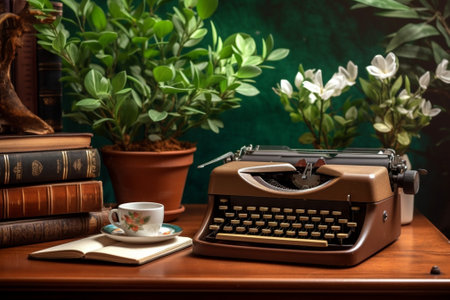 Generative AI : old blue typewriter on a garden wooden table vintage stock photの素材