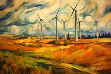 Generative AI : stormy landscape with windmillsの素材