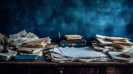 Generative AI : old blue typewriter and crumpled paper sheet vintage stock pothoの素材