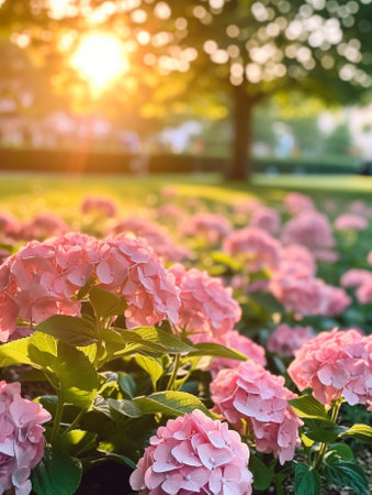 Generative AI : pink hydrangea blooming in a gardenの素材