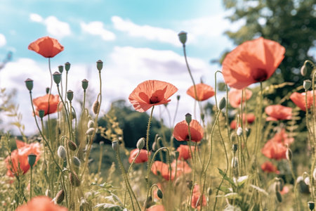 Generative AI : red poppies in the countryside vintage style photoの素材