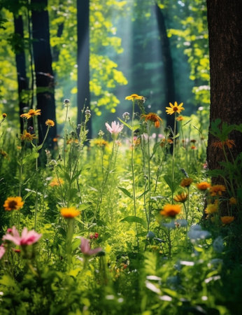 Generative AI : wild flowers growing in a forestの素材
