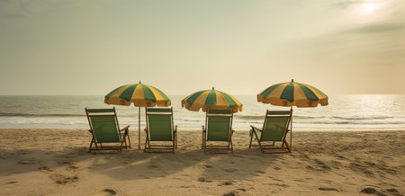 Generative AI : green deck chairs and beach umbrella in the seasideの素材