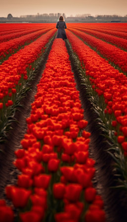 Generative AI : man having a walk in a tulip farmの素材