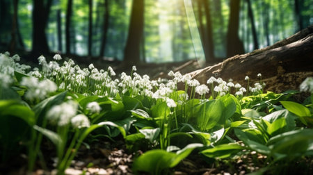 Generative AI : A green forest in springtime with bears garlic flowers bloomingの素材