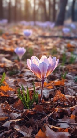 Generative AI : Autumn crocus flowers and fallen leavesの素材