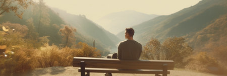 Generative AI : Lonely man sitting on an idyllic wooden bench on a cliffの素材