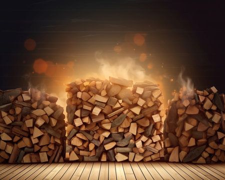 Generative AI : Dry chopped firewood stacked in a wood pileの素材