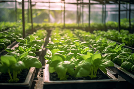 Generative AI : Green plants growing in a vegetable garden with a hothouseの素材