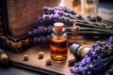 Generative AI : Lavender dried flowers and aroma in small bottleの素材