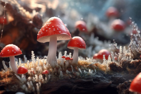 Generative AI : Group of amanita muscaria mushrooms growing wildの素材