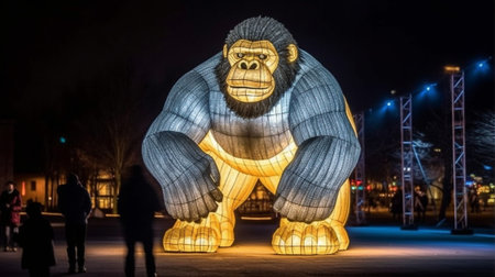 Generative AI : Urban christmas decoration with giant snowman made with led lights in Vigo Spainの素材