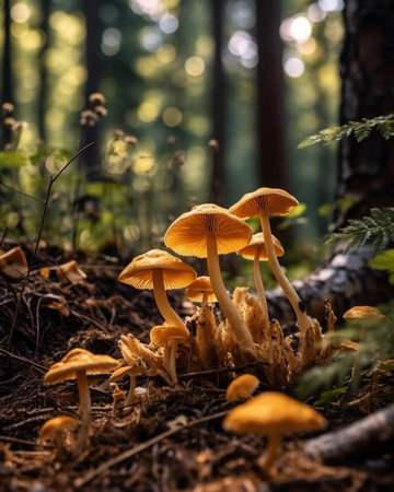 Generative AI : mushrooms growing among the autumn leaves in the forest soilの素材