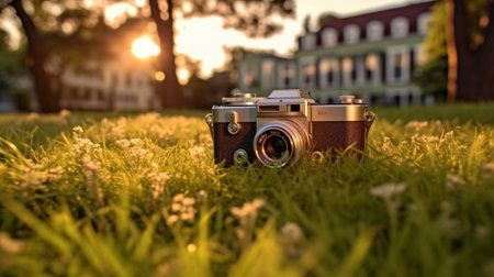 Generative AI : vintage photo camera on the green grassの素材