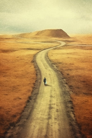 Generative AI : person waiting alone on the horizon lane textured photographの素材