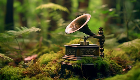 Generative AI : music in nature old gramophone among the wild flowersの素材
