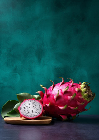 Generative AI : pink dragon fruit on a blue plateの素材
