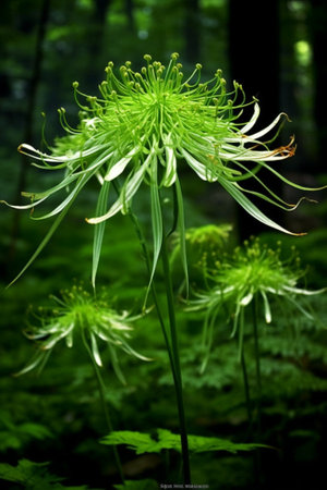 Generative AI : Bears garlic wild flowers growing in springtime on the forestの素材