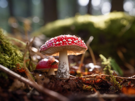 Generative AI : Fly agaric mushrooms growing in autumnの素材