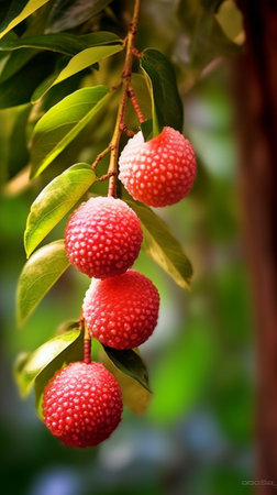Generative AI : Arbutus unedo or strawberry tree ripening fruits close upの素材