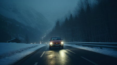 Generative AI : Driving with fog and snowの素材