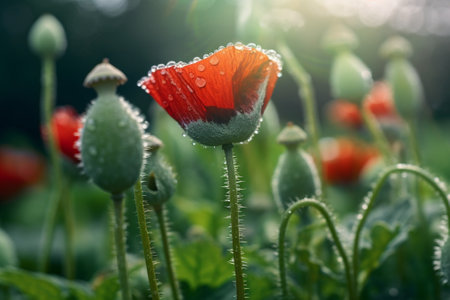 Generative AI : Detail of wild red poppy flowers blooming in springの素材