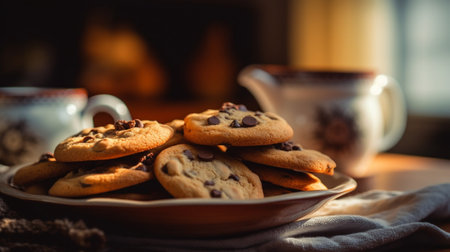 Generative AI : Chocolate chip cookies on the kitchen tableの素材