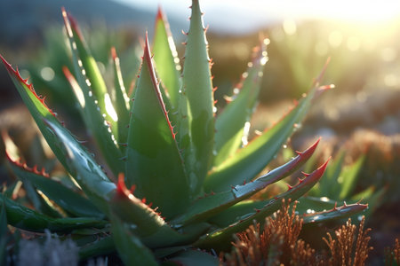 Generative AI : Flowering aloe vera plants in a gardenの素材
