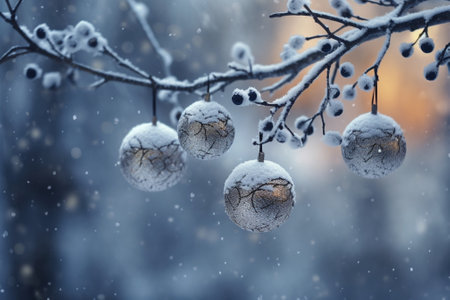 Generative AI : Snow balls on the branches of a treeの素材