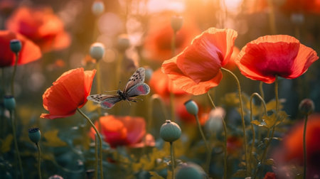 Generative AI : Red wild poppies springtime blossomの素材