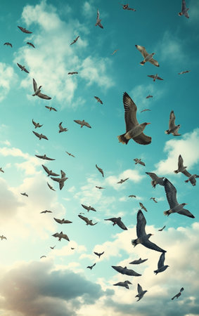 Generative AI : abstract blue sky with flock of flying birdsの素材