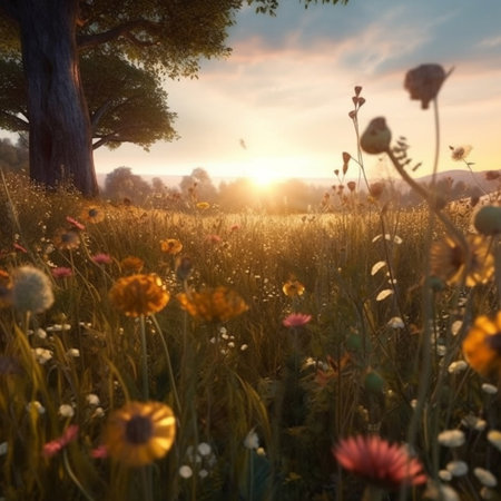 Generative AI : field of flowers at sunsetの素材