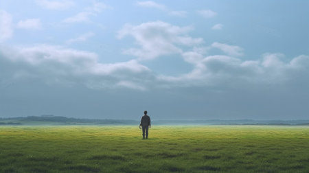 Generative AI : lonely man walking on an empty fieldの素材
