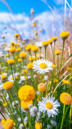 Generative AI : Wild springtime flowers red poppies yellow smooth hawksbeard and white anacyclus blooming in springの素材