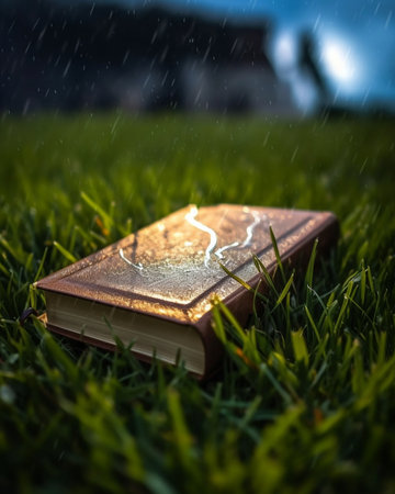 Generative AI : old books on the grassの素材