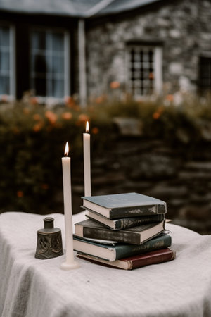 Generative AI : old books on a wooden table outdoors in autumnの素材