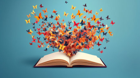 Generative AI : open book with colorful autumn leavesの素材