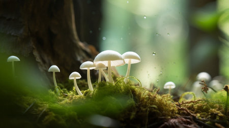 Generative AI : white mushroom growing on an autumn forest green abstract bokehの素材