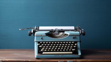 Generative AI : old blue typewriter on a garden wooden table vintage stock photoの素材