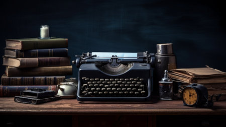Generative AI : writers tools old blue typewriter detail pile of books notebの素材