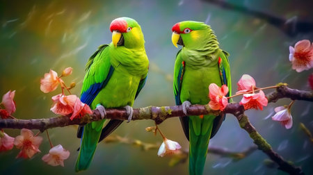 Generative AI : green parrots in almond treeの素材