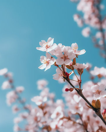 Generative AI : Almond tree blossoms white pinkish flowers blooming in spring blue sky backgroundの素材