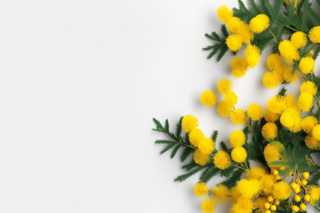 Generative AI : Blossoming silver wattle green leaves and yellow flowers close upの素材