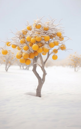 Generative AI : Rowan tree in wintry landscapeの素材
