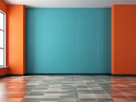 Generative AI : Orange brown and grey painted wall with tiled baseboard modern architecture detail urban geometric abstract background or textureの素材